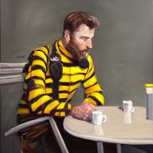 Prompt: tired nightshift man in a bumblebee suit sips a coffee, highly detailed, masterpiece, oil on canvas