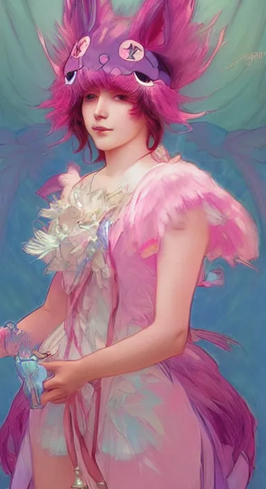 Prompt: Portrait of Youppi as a shiny pink and cyan legendary pokémon. Beautiful digital art by Greg Rutkowski and Alphonse Mucha. Cat ears