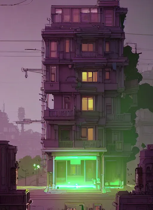 Prompt: highly detailed building villa style in urban area architectural concept in foucs mod by atey ghailan, james gilleard, by joe fenton, by greg rutkowski, by greg tocchini, by kaethe butcher, 4 k resolution, gradient purple, brown black and white color scheme!!! ( ( green flaming robotic sewer background ) )