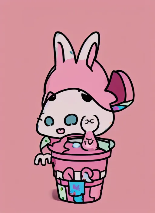 Image similar to realistic detailed semirealism anthropomorphic pink rabbit character wearing a bucket hat. Cute, kawaii, Cooky, bt21, Sanrio inspired. Rabbt_character, rabbit_bunny, 獣, iconic character splash art, Detailed fur, detailed textures, 4K high resolution quality artstyle professional artists WLOP, Aztodio, Taejune Kim, Guweiz, Pixiv, Instagram, Artstation