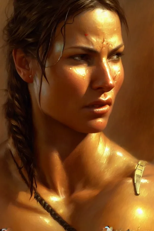 Image similar to muscular sweat lara croft, face close up, highly detailed painting by gaston bussiere, craig mullins, j. c. leyendecker 8 k