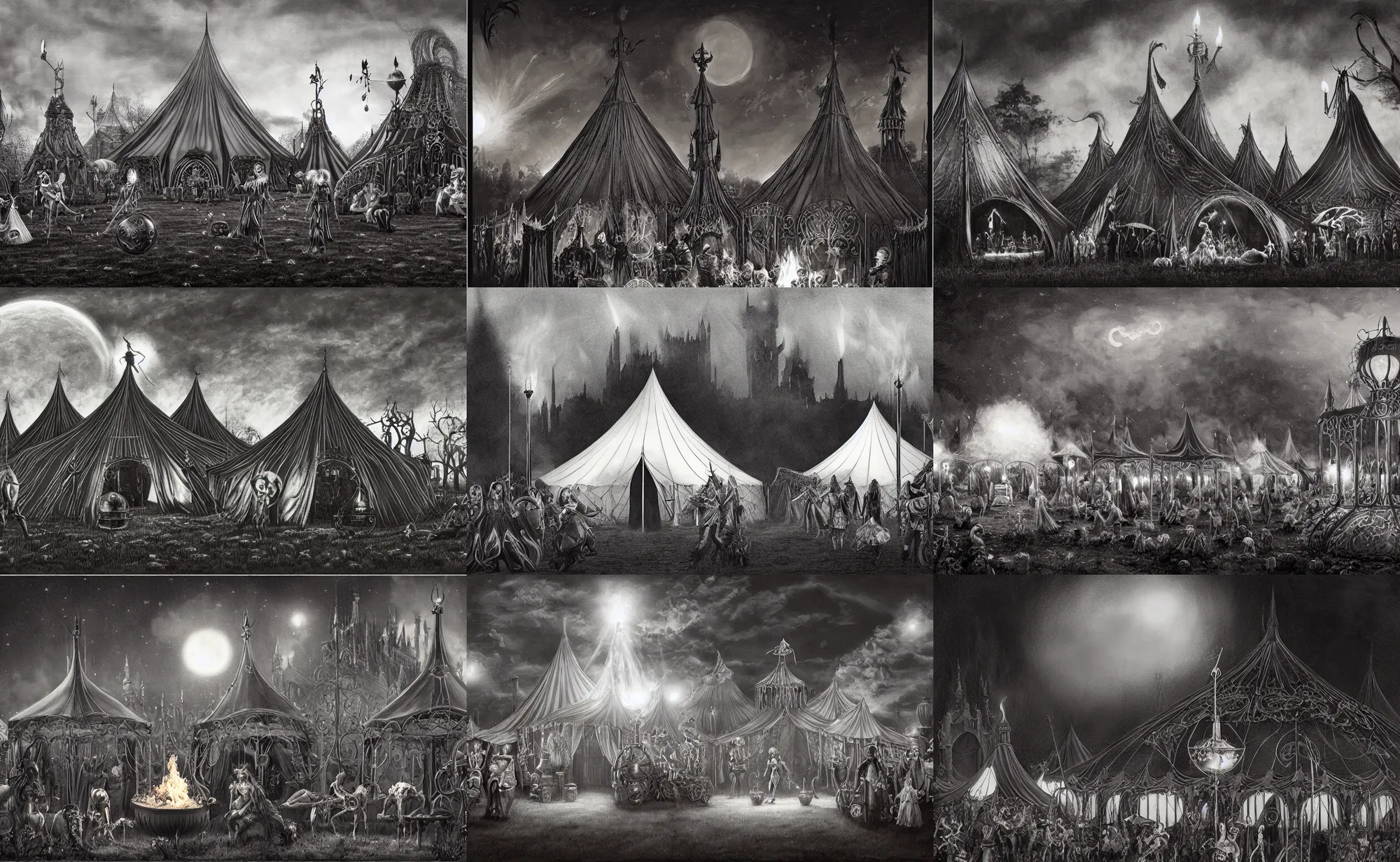 Prompt: a magical circus in a field at night with large black and white tents, a large cauldron with a white flame, surrounded by a gothic iron fence artwork by gerald brom, 4 k, masterpiece