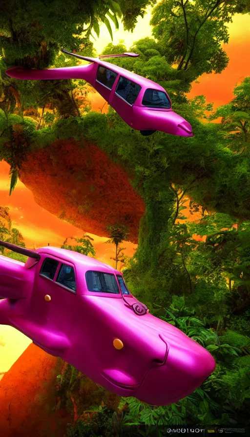 Image similar to a sci fi rusty flying car floating in a prehistoric jungle cave, lush flora, waterfall, magenta flowers, orange sky, teal clouds, sunset, hazy, volumetric lighting, rtx on, photorealistic render, unreal engine 5