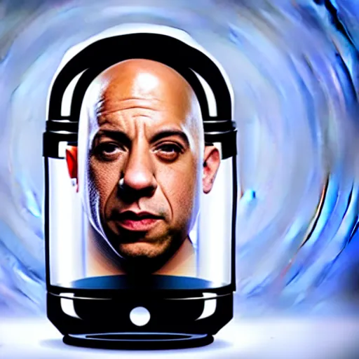 Prompt: vin diesel's disembodied detached head suspended floating inside a glass cylinder full of liquid, on top of a desktop computer with a keyboard, looks similar to a hi - fi tube amplifier, zordon from power rangers, hyper - realistic, detailed, photorealistic, photographic, octane render, head in a jar, sci - fi