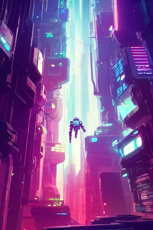 Prompt: A picture of an astronaut close to the camera in a upside down cyberpunk city by moebius, Neil Blevins and Jordan Grimmer, neon lights, surreal