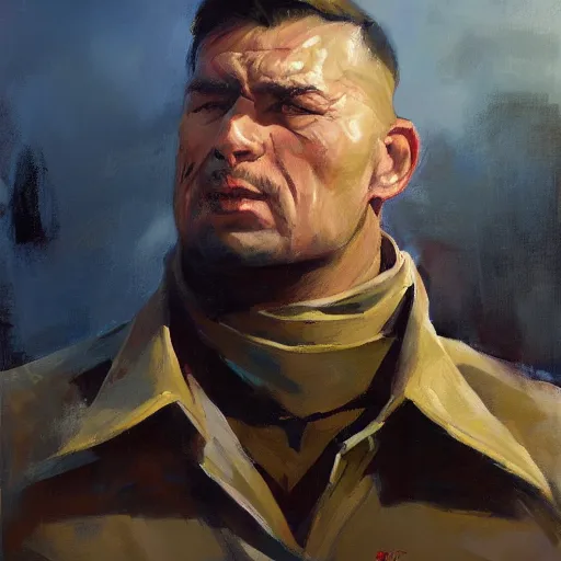 Image similar to greg manchess portrait painting of a soviet russian nuclear supersoldier, medium shot, asymmetrical, profile picture, organic painting, sunny day, matte painting, bold shapes, hard edges, street art, trending on artstation, by huang guangjian, gil elvgren, ruan jia, randy vargas, greg rutkowski