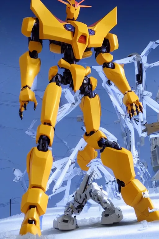 Prompt: a scene with a yellow intricate hard surface anime evangelion robot made of snow