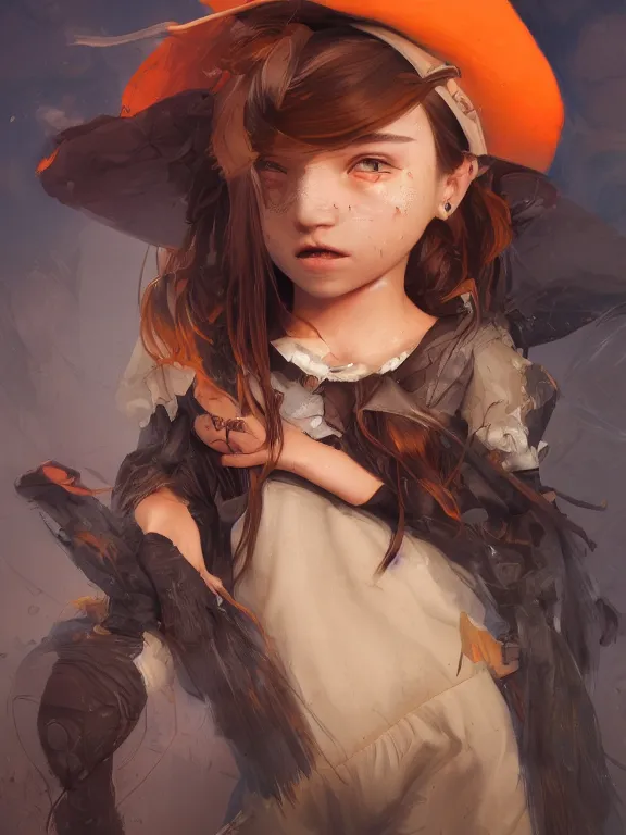 Prompt: Full shot of a cute mischievous young witch about to get up to some trouble. Latin American fashion. Black and Orange palette. Latina girl. brown skin. Symmetrical facial features. By Ruan Jia and Artgerm and Range Murata and WLOP. Key Art. Fantasy Illustration. award winning, Artstation, intricate details, realistic, Hyperdetailed, 8k resolution.