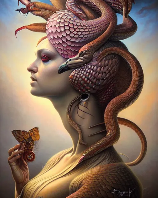 Prompt: a detailed portrait of dreampunk flamingo python hybrid mix beautiful! goddess by tomasz alen kopera and peter mohrbacher