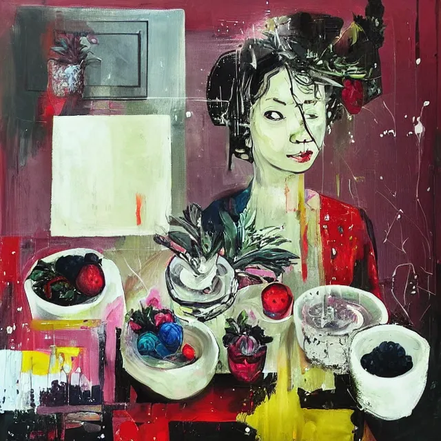 Prompt: “ a portrait in a female art student ’ s apartment, a big diamond, skyscraper, a pomegranate, art supplies, paint tubes, palette knife, pigs, ikebana, herbs, a candle dripping white wax, squashed berries, berry juice drips, acrylic and spray paint and oilstick on canvas, surrealism, neoexpressionism ”