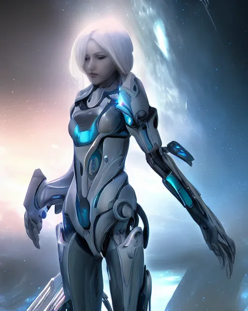 Image similar to perfect android girl on a mothership, warframe armor, beautiful face, scifi, futuristic, galaxy, nebula, bae suzy, dreamy, long white hair, blue cyborg eyes, sharp focus, cinematic lighting, highly detailed, artstation, divine, by gauthier leblanc, kazuya takahashi, huifeng huang