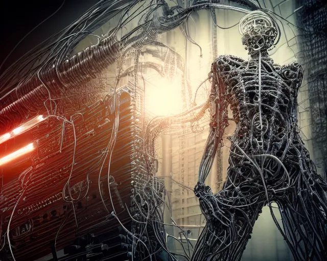 Prompt: photo of a biomechanical torso of a cyborg plugged into a quantum computer with cables and wires and optic fibers. cyberpunk horror style. art by luis royo. highly detailed 8 k. intricate. nikon d 8 5 0 5 5 mm. award winning photography.