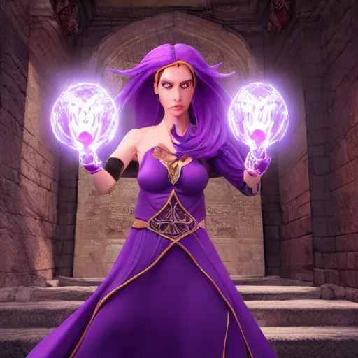 Image similar to 8k unreal engine render of a half-elf sorceress with purple hair from dungeons and dragons, beautiful, symmetrical face, a fireball spell forms in her hands, in a crowded ancient persian city, insanely detailed, depth of field unreal engine ultra-wide angle lens, volumetric lighting, vivid color