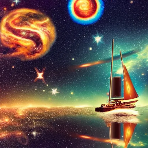 Prompt: a steampunk sailboat floating over vibrant galaxies in space