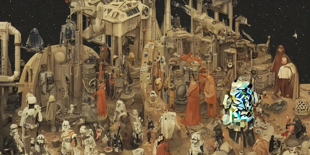 Prompt: a scene from Star Wars, detailed illustration, character design, intricate, by Wes Anderson, hieronymus bosch and Moebius