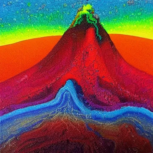 Image similar to the surreal flat painting of an image of a montain dripping rainbow lava artistic by yasemin karabenli