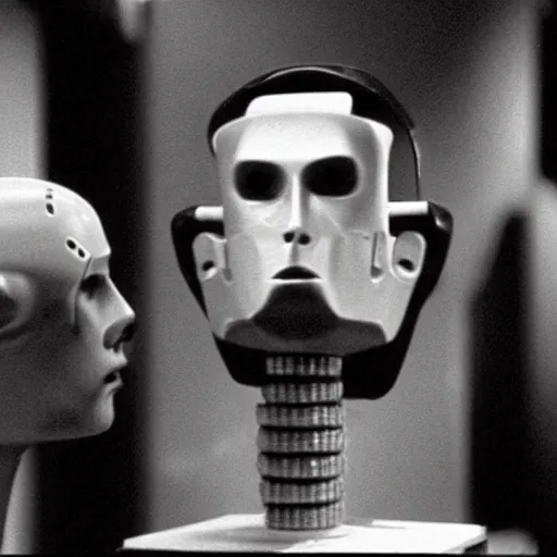 Image similar to a man head and a robot head in a moment of repulsion and jealousy, movie still, by Andrzej Zulawski