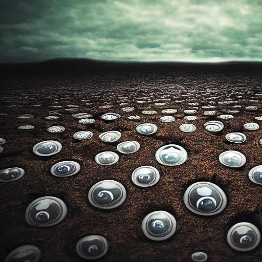 Prompt: a thousand creepy eyeballs peeking through a sea of mud, epic landscape, bright light, cinematic, 4 k, 8 k