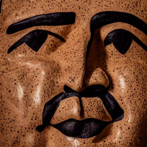 Image similar to close up portrait, a face made of coffee made of pablo escobar, studio lighting