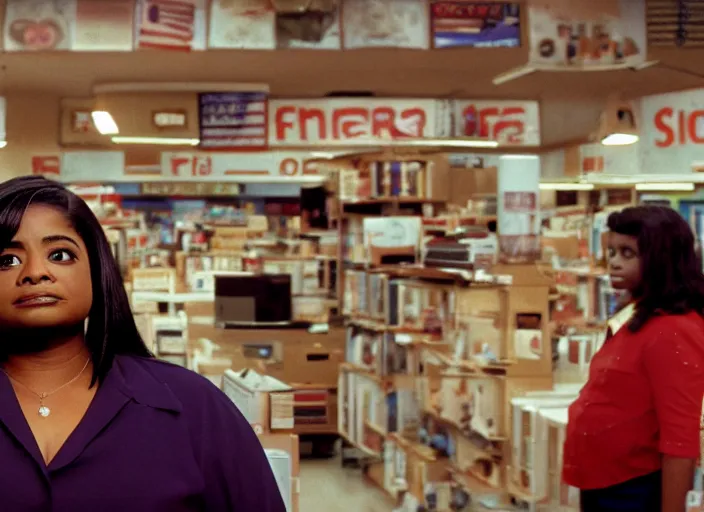 Image similar to cinematic shot of octavia spencer in an small used electronics store, iconic scene from the paranoid thriller sci fi film directed by stanley kubrick, anamorphic cinematography, beautiful composition, color theory, leading lines, photorealistic, volumetric lighting, f / 2 2