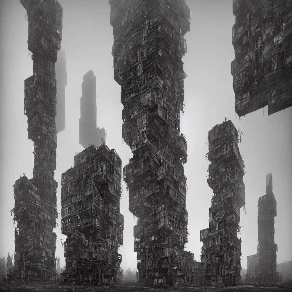 Image similar to two giant towers, made up of makeshift squatter shacks, misty, dystopia, mamiya rb 6 7, fully frontal view, very detailed, digital glitches, photographed by ansel adams