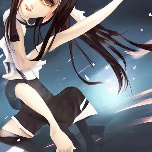 Image similar to luxury advertisement, astonishing artwork of a very beautiful dancing anime schoolgirl with black bob hair in style of cytus and deemo, full perfect face, she is dancing, set in Half-life. Realistic, highly detailed background, Pixiv, 120 degree view, drawn by Sasoura, Satchely and Akihiko Yoshida, no distortion