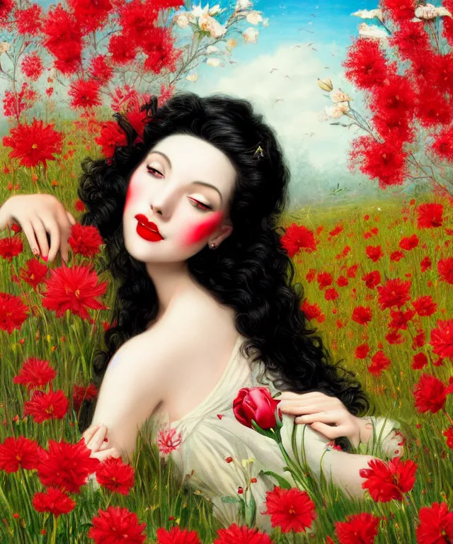 Prompt: happy girl with black hair, red lips, lying in a field of flowers, highly detailed, matte painting, french rococo painting, illustration,