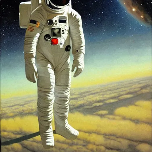 Prompt: an astronaut looking up towards the sky, wondering about others, nebula, chesley bonestell, lucien rudaux, rolf klep