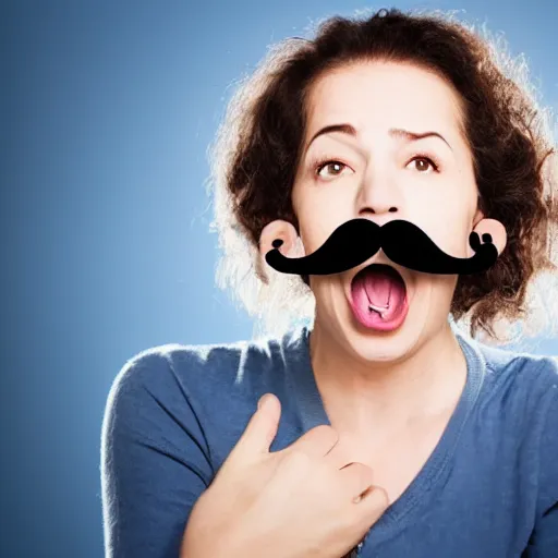 Image similar to a surprised woman with a moustache looks at the camera