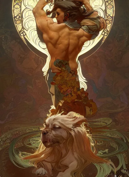 Image similar to beautiful illustration of a dog as a god with alphonse mucha and craig mullins, gorgeous, amazing, flowing hair, muscular, very muscular male body, in the style abigail larsonand and sam guay, rim light, beautiful lighting, 8 k, stunning scene, octane, trending on artstation