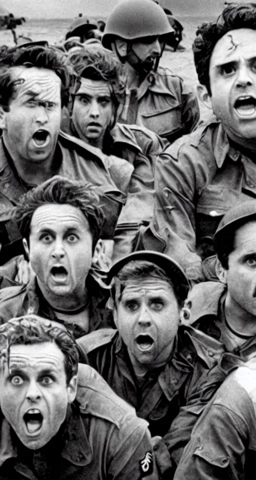 Image similar to charlie day, rob mcelhenney, glenn howerton, kaitlin olson, and danny devito are storming the beaches of normandy, 1 9 4 5, black and white, horrorscape