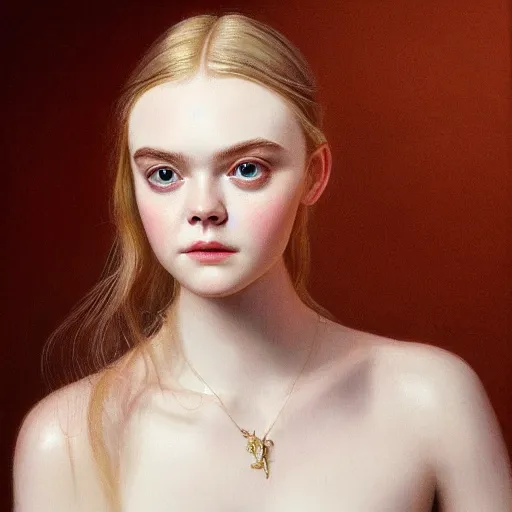 Prompt: portrait of a elle fanning wearing snakeskin, detailed realism face in painting, detailed beautiful portrait, oil painting masterpiece, 8 k resolution, smooth, sharp focus, trending on artstation, by rembrandt