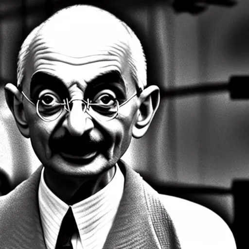 Prompt: mr. bean as mahatma ghandi. movie still. cinematic lighting.