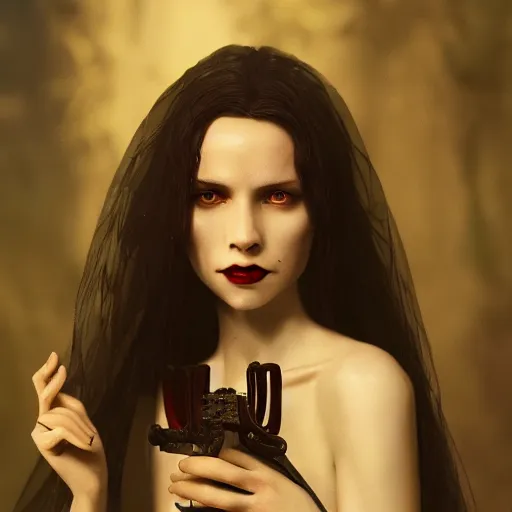 Image similar to portrait of a lady vampire, 35mm, depth of field, DOF, ominous, detailed, photorealistic, octane render, cinematic, high definition, 4k, artstation, steve mccurry, Greg Rutkowski, irwin penn