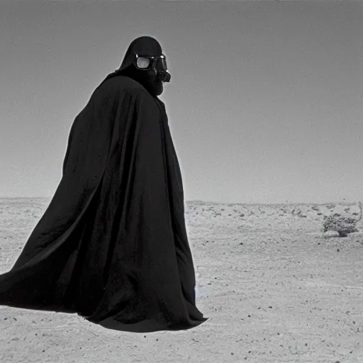 Prompt: a man wearing a long cloak and gasmask, in the desert, film still, arriflex, by Arik Roper