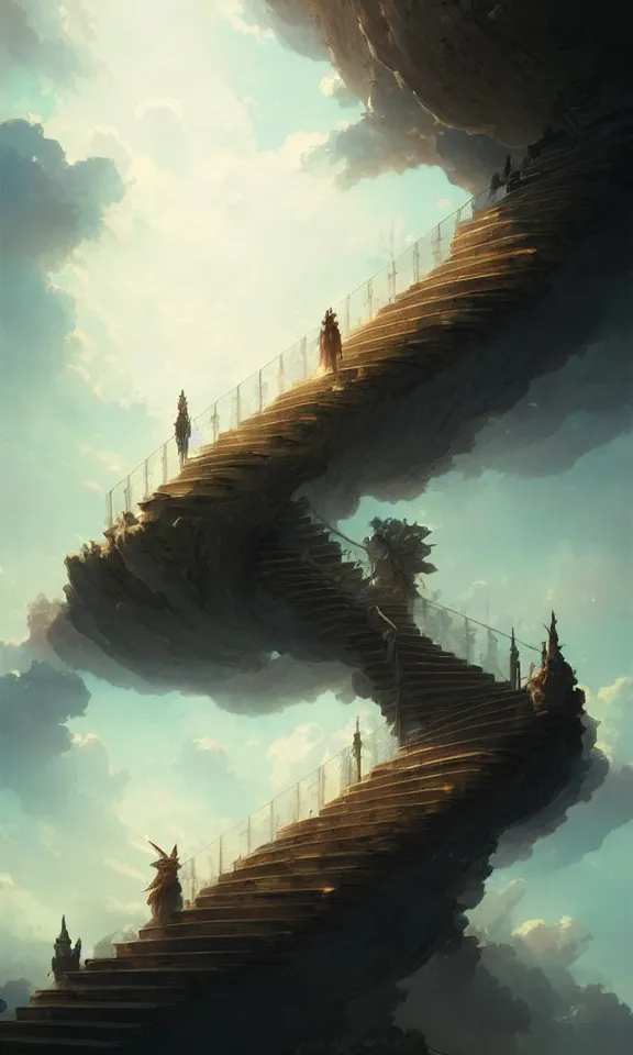 Image similar to straight staircase to heaven, sky full of clouds, art by greg rutkowski and peter mohrbacher, featured in artstation, octane render, cinematic, elegant, intricate, ultra detailed, rule of thirds, professional lighting, unreal engine, fantasy, concept art, sharp focus, illustration, 8 k