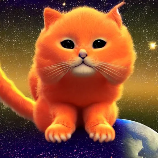 Prompt: A fuzzy orange cat sitting on planet earth, space with stars in the background, trending on artstation, 3D animation, by Salvador Dali