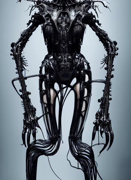 Image similar to iris van herpen gothic inflateble dark dress, perfect symmetrical body, helmet on face, full body shot, alien, plant predator, guyver, giger, wires, tubes, veins, jellyfish, white biomechanical details, wearing epic bionic cyborg implants, masterpiece, intricate, biopunk, vogue, highly detailed, artstation, concept art