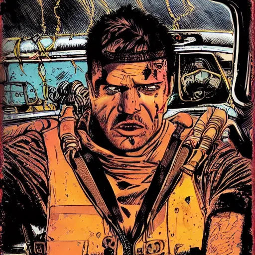 Prompt: mad max rockatansky fury road by brendan mccarthy