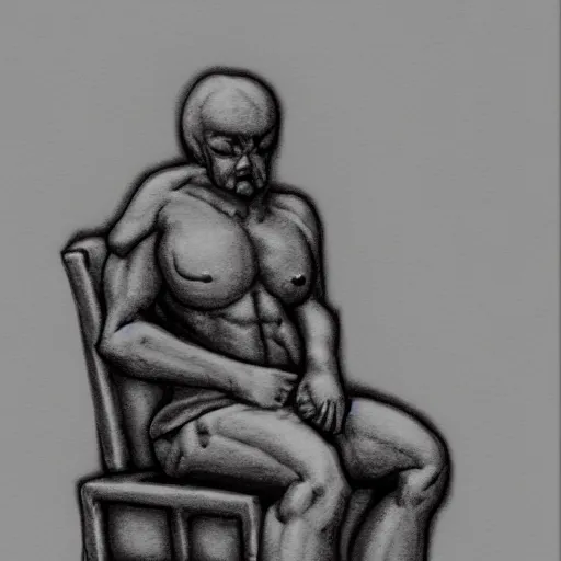 Image similar to rock dude sitting in a stone chair looking at his hands, in the style of stepehn gemmel, charcoal and ink on cold pressed paper, zbrush, high detail, atmospheric