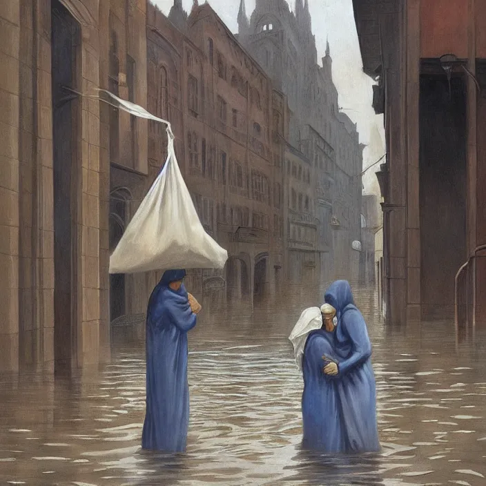 Image similar to two women hugging with a paper bag over the head, dressed in plastic bags, on flooded street of magnificent cathedral, highly detailed, artstation, art by , edward hopper, zdislav beksinski, wayne barlowe