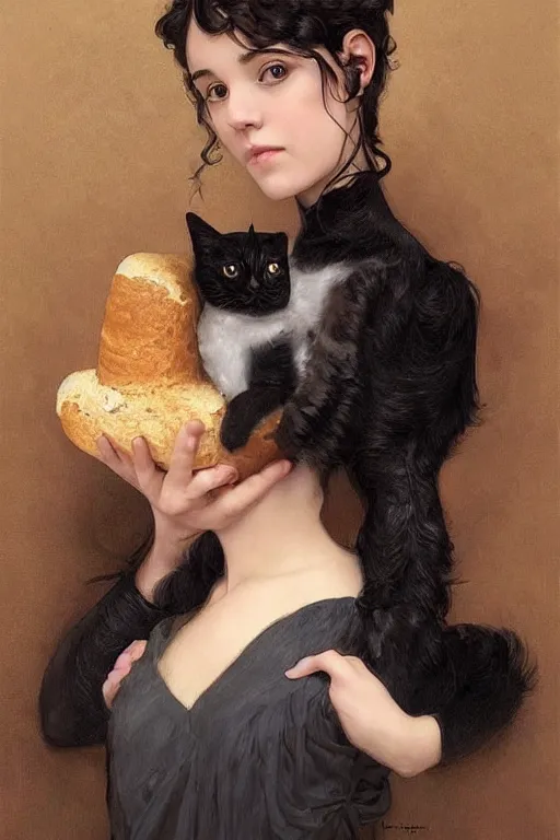 Image similar to beautiful cottagecore of a girl with short black curly hair, round face, cute face, holding a loaf of bread. There's also a black cat on her shoulder. intricate, elegant. highly detailed, digital painting, artstation, concept art, smooth, sharp, focus, illustration. . art by artgerm and greg rutkowski and alphonse mucha