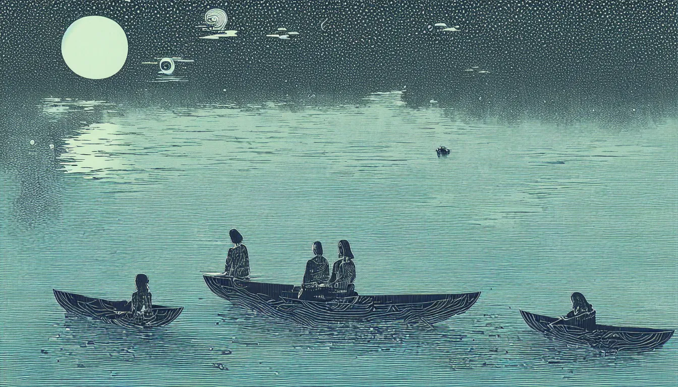 Image similar to one boat floating in the lake by woodblock print, nicolas delort, moebius, victo ngai, josan gonzalez, kilian eng