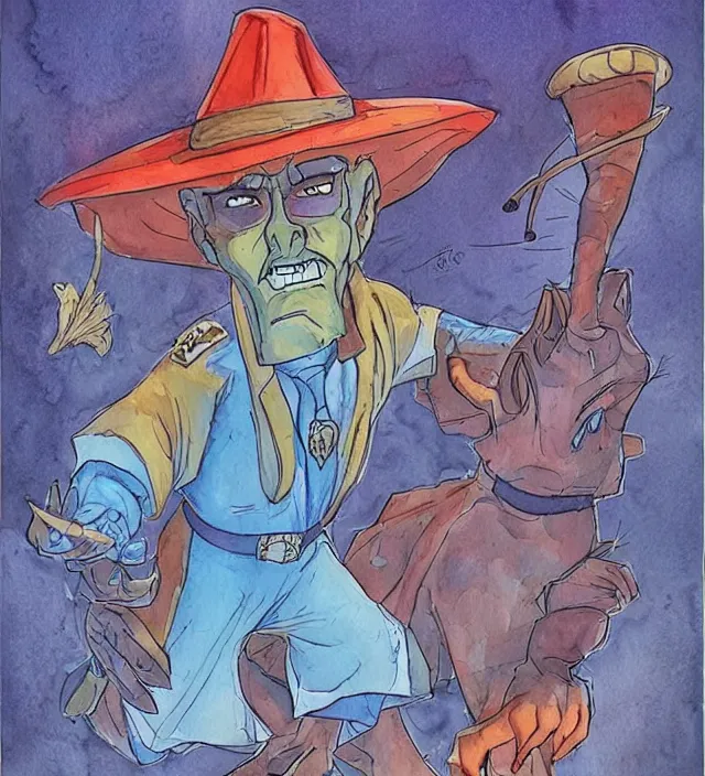 Image similar to a watercolor ink painting of scooby - doo as a wizard / sheriff in the style of jean giraud in the style of moebius trending on artstation deviantart pinterest detailed realistic hd 8 k high resolution