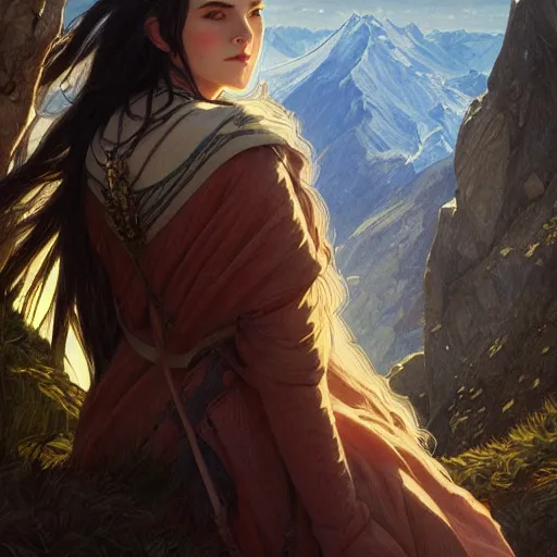 Prompt: Varda on Mount Taniquetil in Valinor, portrait, highly detailed, digital painting, artstation, concept art, sharp focus, illustration, art by artgerm and greg rutkowski and alphonse mucha