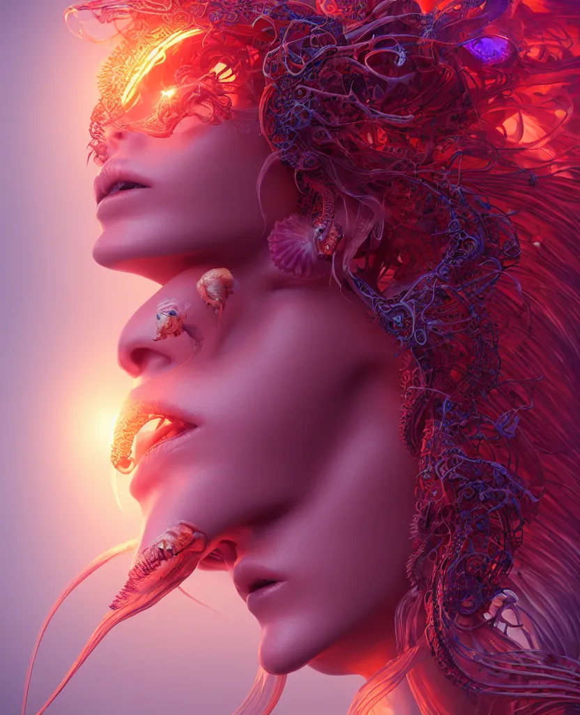 Image similar to goddess close-up portrait. chimera orchid jellyfish phoenix head, nautilus, skull, betta fish, bioluminiscent creatures, intricate artwork by Tooth Wu and wlop and beeple. octane render, trending on artstation, greg rutkowski very coherent symmetrical artwork. cinematic, hyper realism, high detail, octane render, 8k