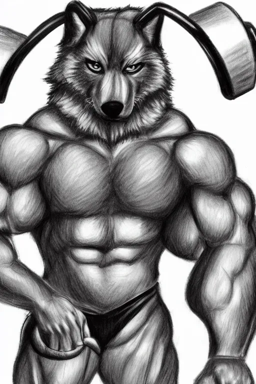 Prompt: master furry artist colored pencil drawing full body portrait character study of the anthro male anthropomorphic wolf fursona animal person wearing gym shorts bodybuilder at gym