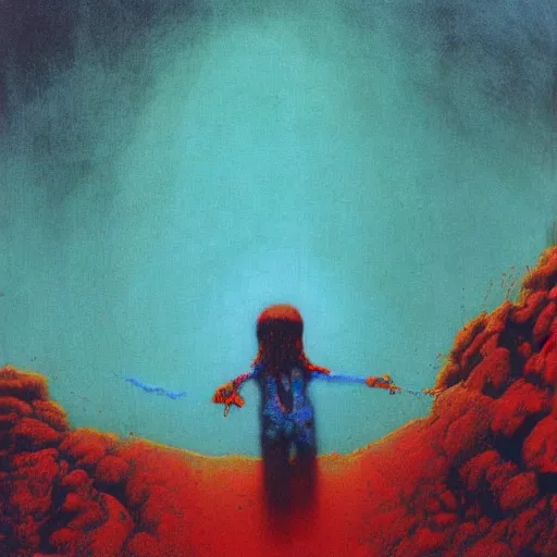 Image similar to rowdy roddy piper, art by beksinski and pauline baynes, trending on artstation, iridescent cool blue and cyan and red and blue and yellow and green lighting camera view from above surrealism, very very intricate, concept art, fisheye lens, situationist international