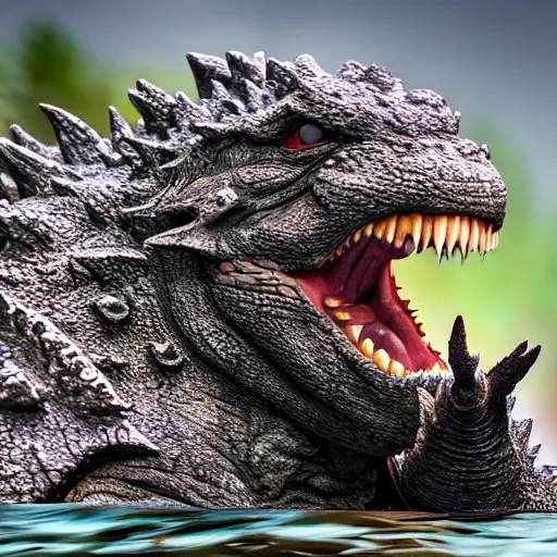 Image similar to Photorealistic photograph of godzilla by Suzi Eszterhas, photorealism, photorealistic, realism, real, highly detailed, ultra detailed, detailed, f/2.8L Canon EF IS lens, Canon EOS-1D Mark II, Wildlife Photographer of the Year, Pulitzer Prize for Photography, 8k