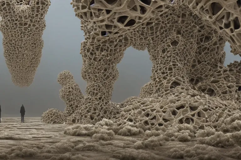 Prompt: tourists taking a photo of a complex organic fractal 3 d ceramic humanoid megastructure, cinematic shot, foggy, photo still from movie by denis villeneuve